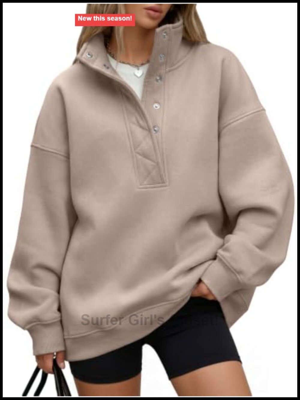Trendy Queen Women's Oversized Sweatshirt Henley Snap Button Pullover